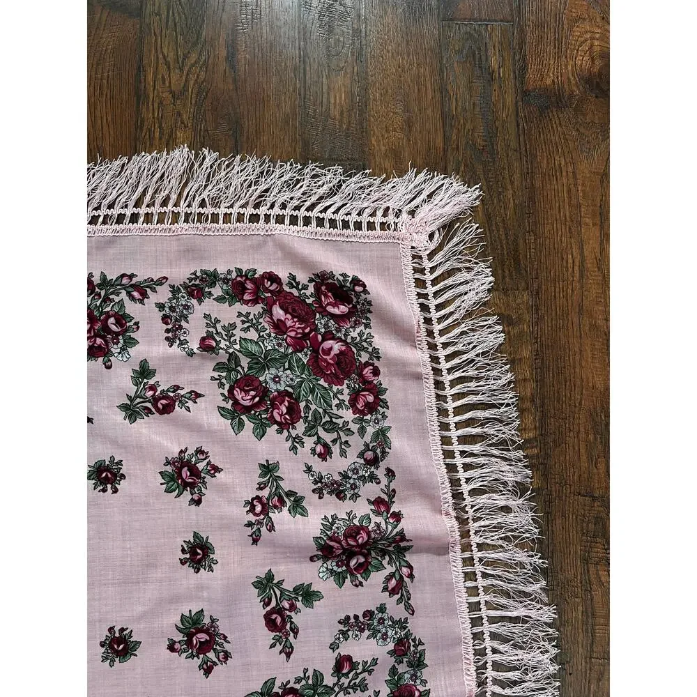 Vintage Kashmir Woole Floral Fringe Scarf - Pink Rose Square Wrap Bohemian Style